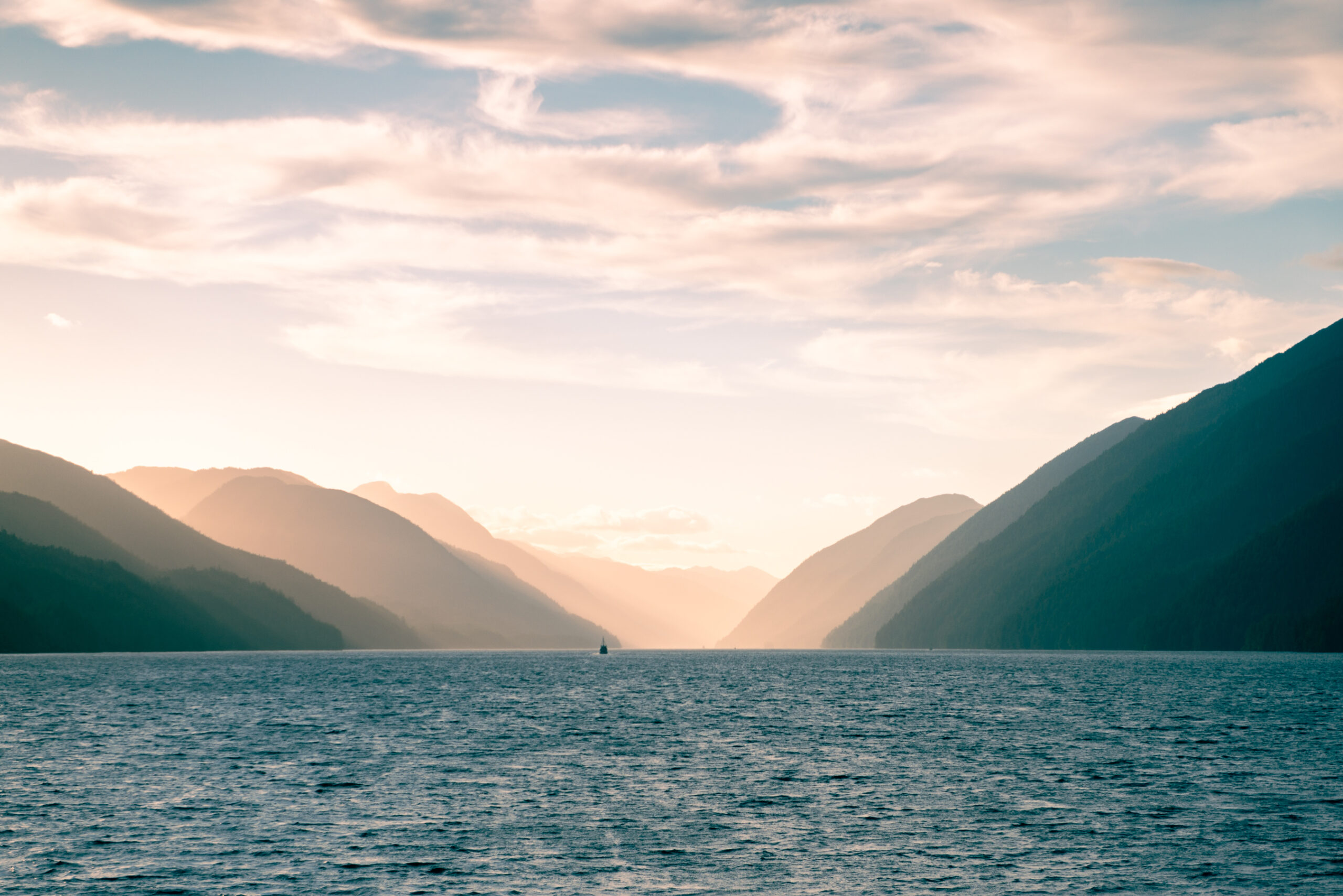 seascape with southeast Alaska mountain ranges in background